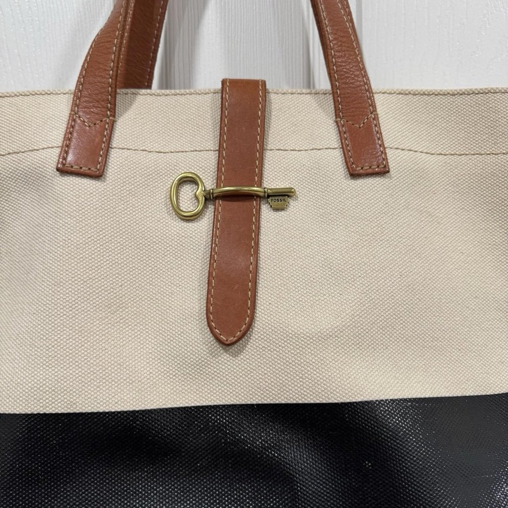 FOSSIL Austin Shoppper Off White Black Cotton Canvas Tote‎ Shopper Canvas Bag - Picture 3 of 12